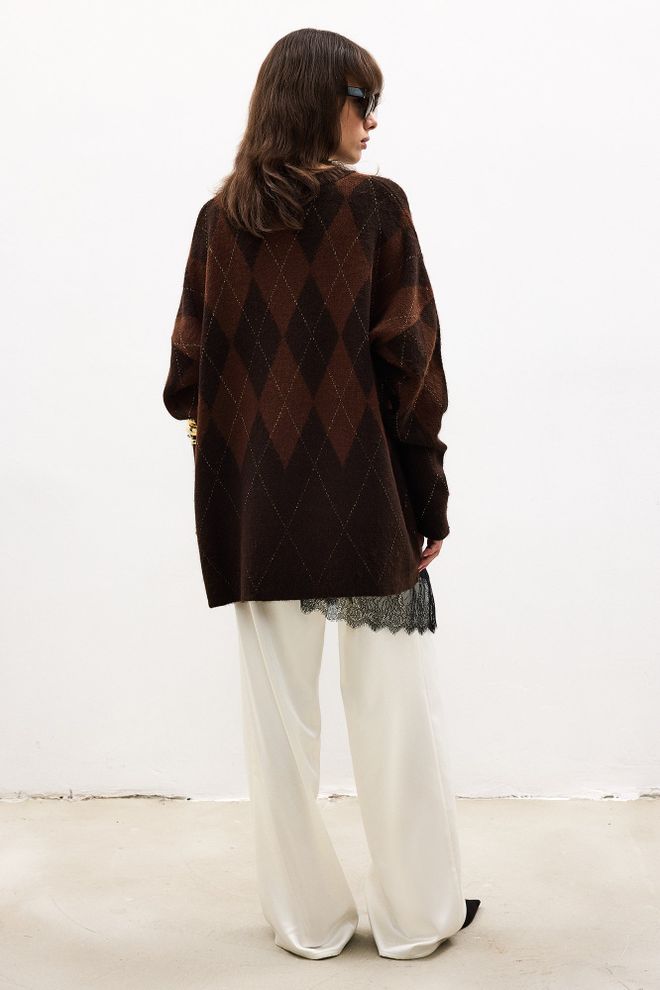Touche Prive Brown Argyle Oversized Fit Sweater Wholesale Clothing Boho
