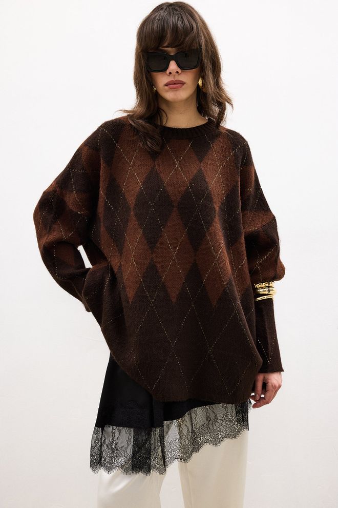 Touche Prive Pull Over Marron Argyle Grande Taille Vêtements en gros Décontracté