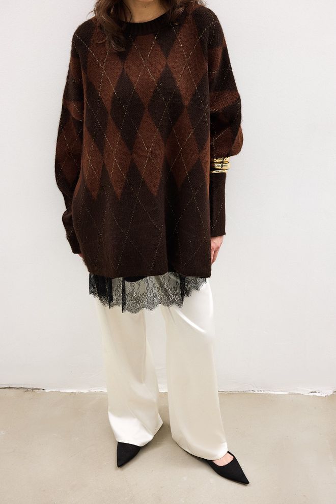 Touche Prive Brown Argyle Oversized Fit Sweater Wholesale Clothing Lounge