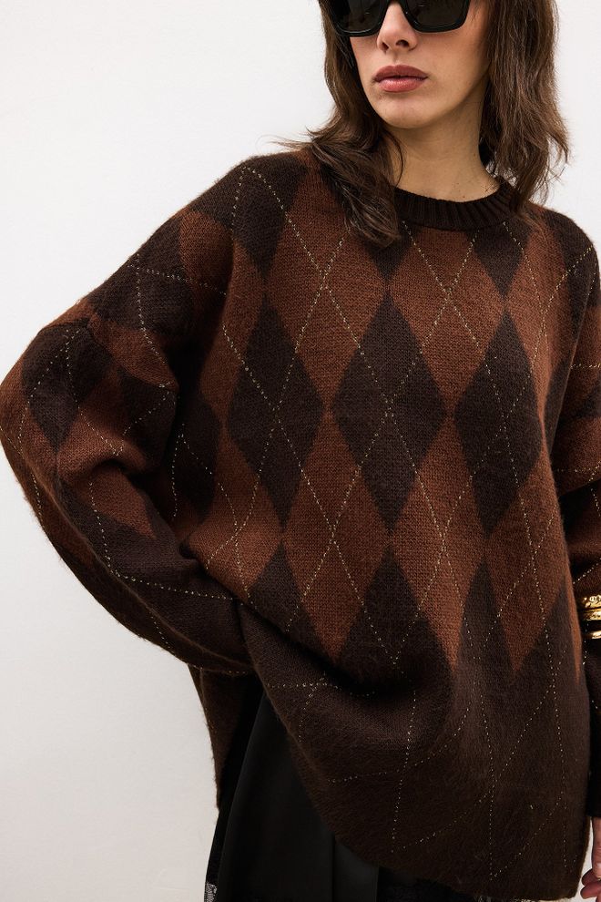 Touche Prive Brown Argyle Oversized Fit Sweater Wholesale Clothing Fall