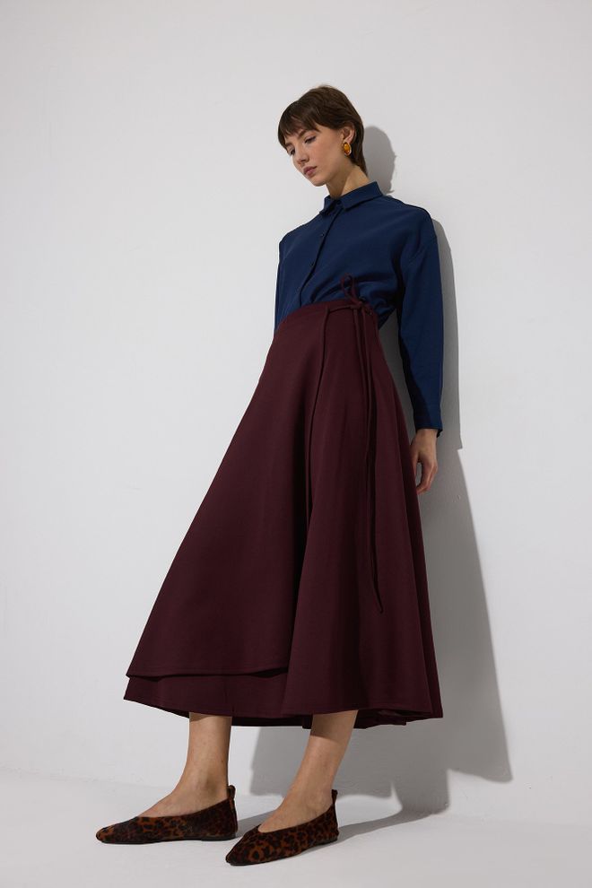 Touche Prive Bordeauxroter Wickel Maxirock Mit Hoher Taille Und Schnürung Großhandelskleidung Modest