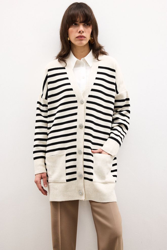 Touche Prive Cardigan Nero A Righe Vestibilità Oversize Scollo A V Abbigliamento all'ingrosso Casuale