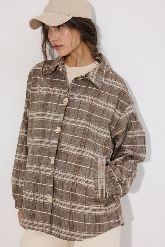 Touche Prive Brown Plaid Overshirt Jacket With Slant Pockets Wholesale Clothing Spring