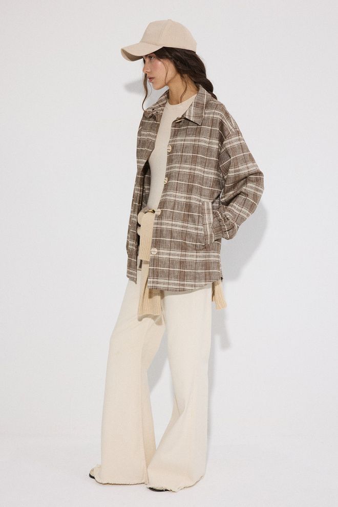 Touche Prive Brown Plaid Overshirt Jacket With Slant Pockets Wholesale Clothing 1