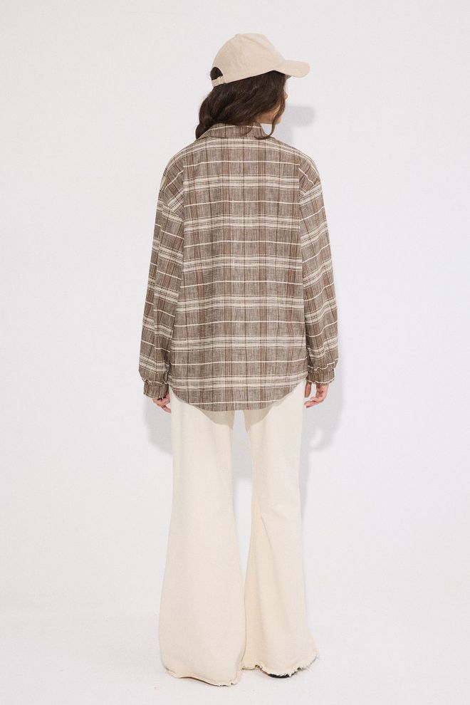 Touche Prive Brown Plaid Overshirt Jacket With Slant Pockets Wholesale Clothing Casual