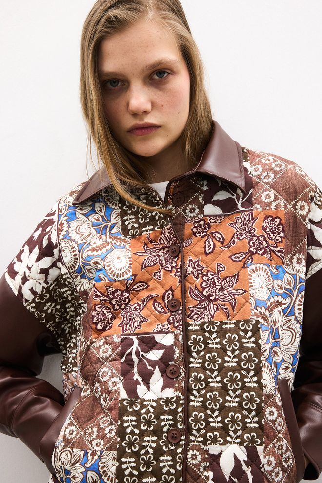 Touche Prive Brown Casual Shirt With Patchwork Design Wholesale Clothing Spring