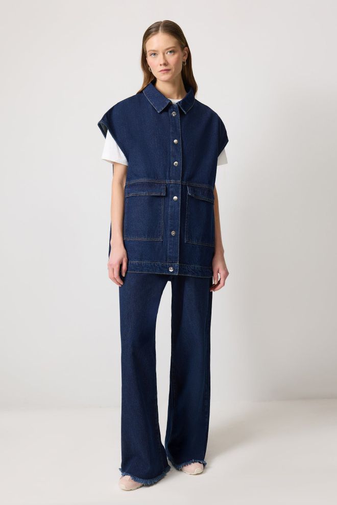 Touche Prive Blue Oversized Fit Long Snap Vest Wholesale Clothing Spring