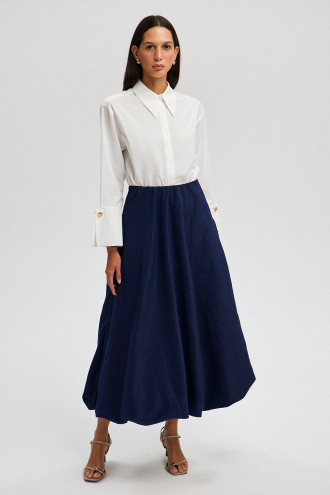 Touche Prive Tamsiai Mėlynas Elegantiškas Platėjantis Maksi Sijonas Didmeninė prekyba drabužiais Apykaklė su įkirpimu