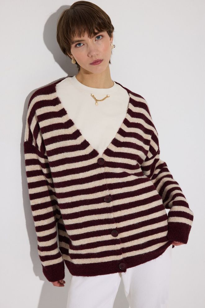 Touche Prive Claret Red Cardigan With Striped Oversized Fit Wholesale Clothing 1
