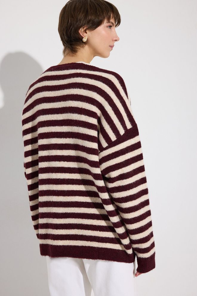 Touche Prive Claret Red Cardigan With Striped Oversized Fit Wholesale Clothing Spring