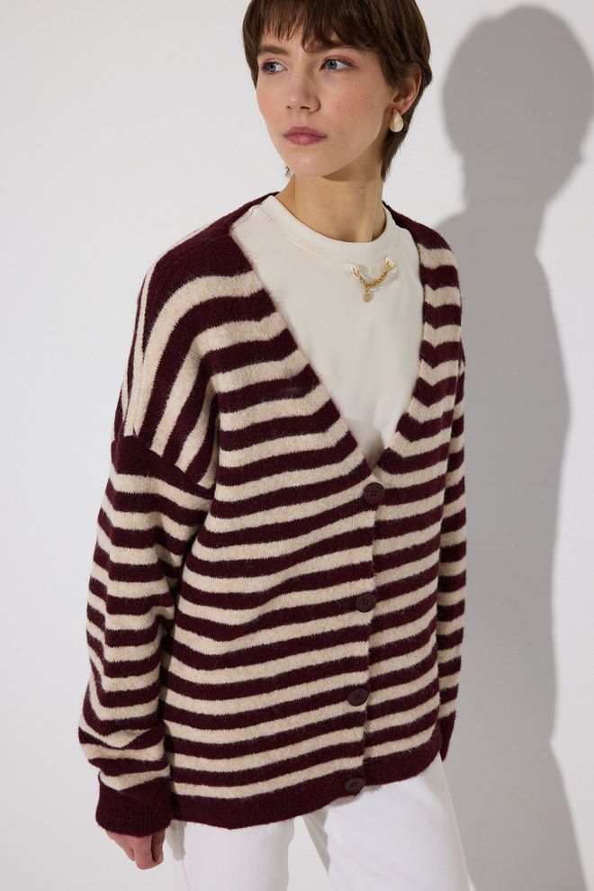 Touche Prive Claret Red Cardigan With Striped Oversized Fit Wholesale Clothing Lounge