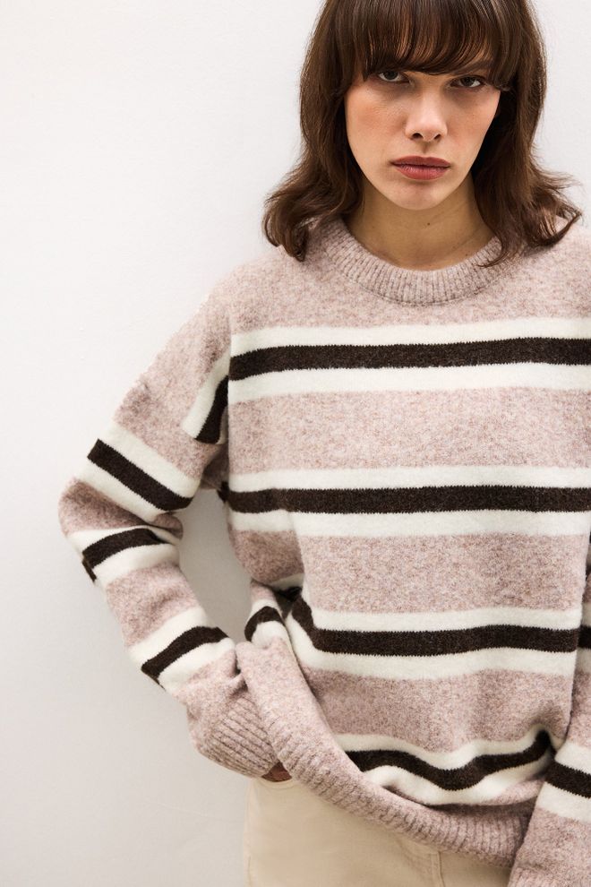 Touche Prive Beige Sweater With Striped Pattern And Oversized Fit Wholesale Clothing Lounge