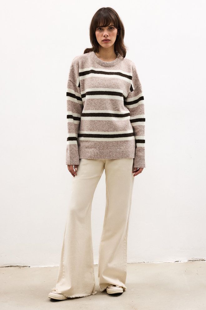 Touche Prive Beige Sweater With Striped Pattern And Oversized Fit Wholesale Clothing Spring