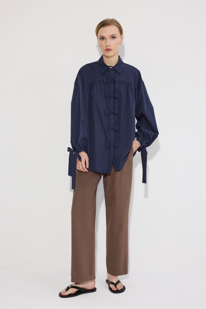 Touche Prive Marineblaues Polokragen Casual Hemd Großhandelskleidung Modest