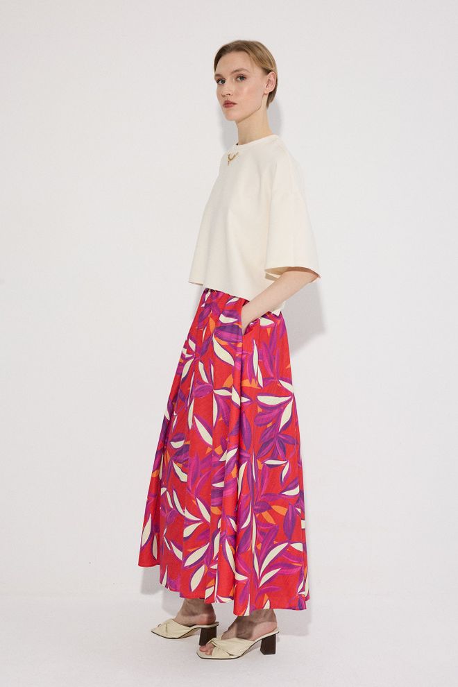 Touche Prive جيبة حمراء متوهجة ماكسي بنقشة زهرية ملابس بالجملة غير رسمي