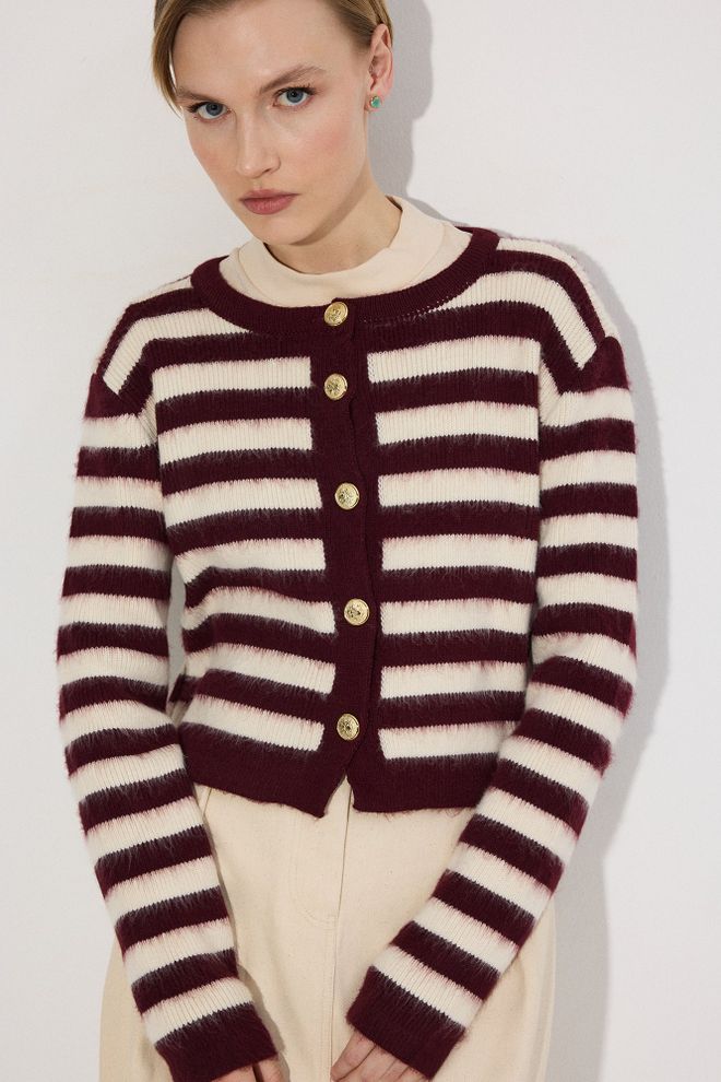 Touche Prive Claret Red Cardigan With Striped Pattern And Button Closure Wholesale Clothing Lounge