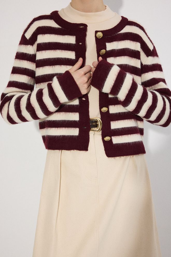 Touche Prive Bordo Raudonas Kardiganas Dryžuotas Su Sagomis Didmeninė prekyba drabužiais Kokteilinė