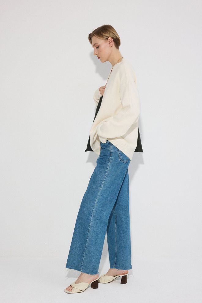 Touche Prive Beige Oversized Fit Sweater With Crew Neck Wholesale Clothing 1