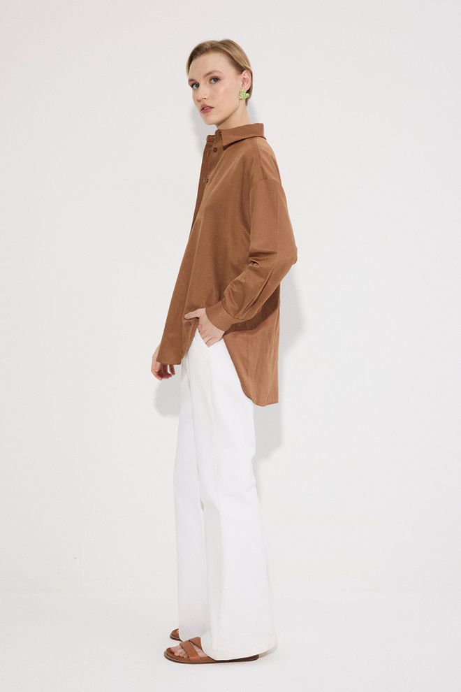 Touche Prive Brown Casual Oversized Fit Polo Neck Shirt Wholesale Clothing Formal