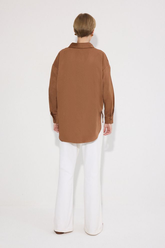 Touche Prive Brown Casual Oversized Fit Polo Neck Shirt Wholesale Clothing Spring