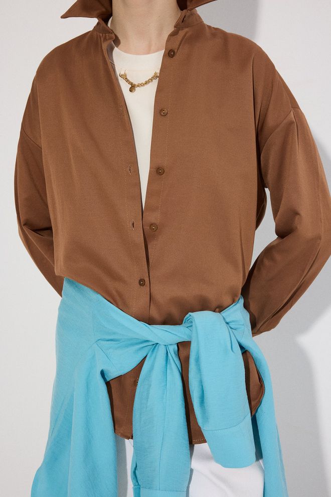 Touche Prive Brown Casual Oversized Fit Polo Neck Shirt Wholesale Clothing 1