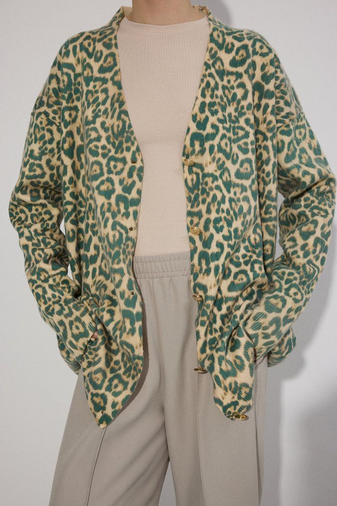 Touche Prive Beige Cardigan With Animal Print Oversized Fit Buttoned Wholesale Clothing Spring