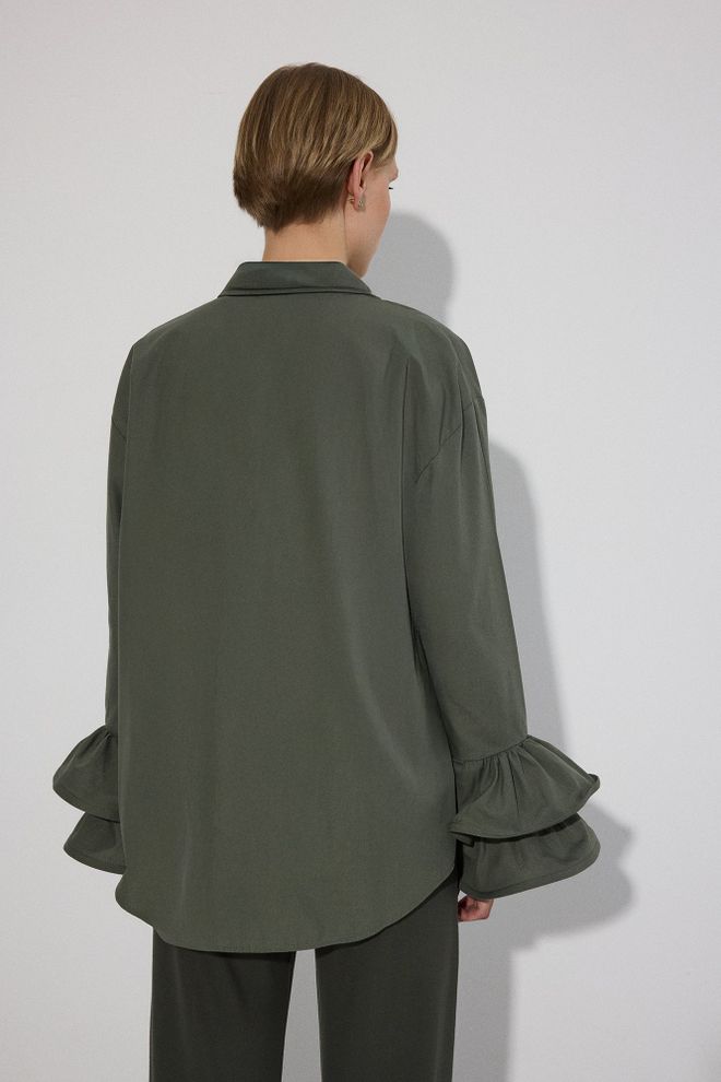 Touche Prive Green Elegant Shirt With Ruffle Sleeves Wholesale Clothing Work