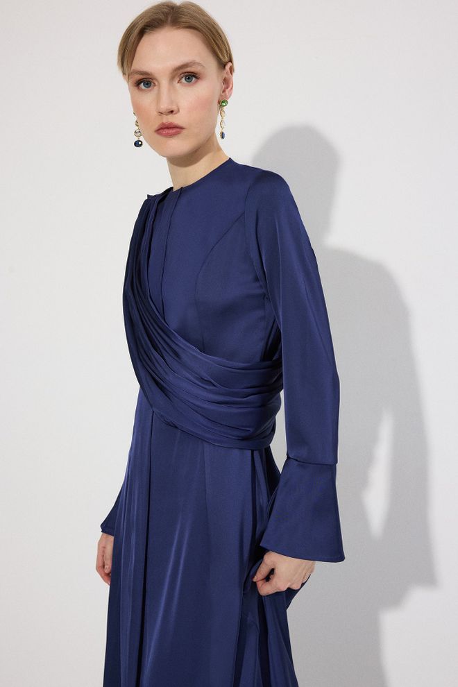 Touche Prive Navy Blue Elegant Maxi A Line Dress Long Sleeve Formal Wholesale Clothing Fall