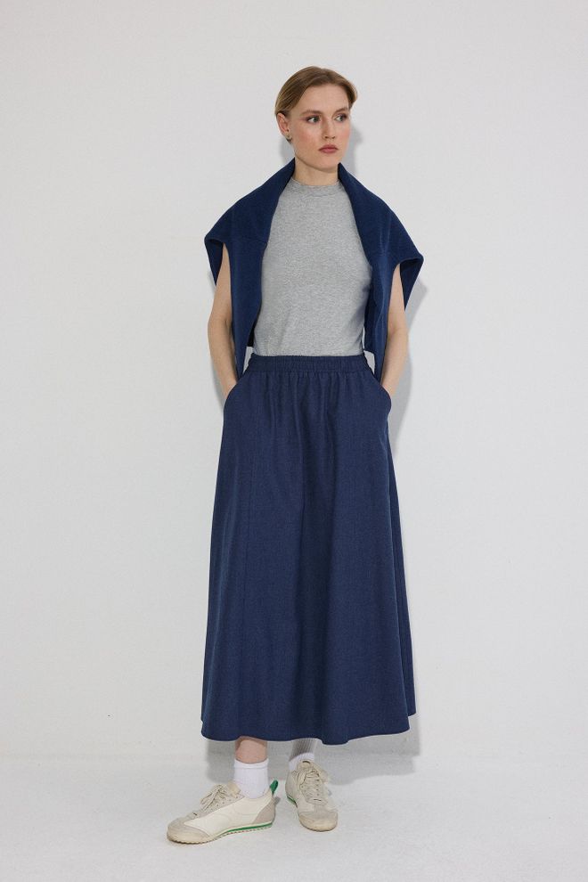 Touche Prive Navy Blue Maxi Flared Skirt With High Waist Wholesale Clothing Modest