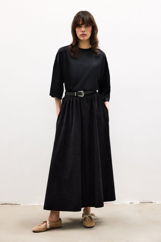 Touche Prive Falda Negra Acampanada Maxi Con Cintura Alta Y Bolsillo Oblicuo Ropa al por mayor Modesto