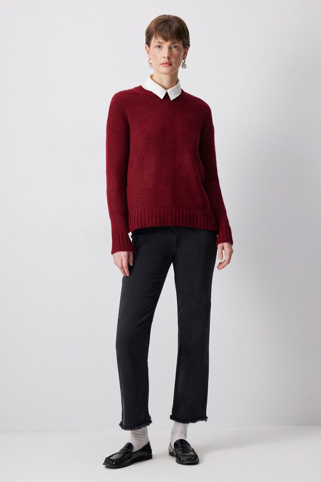 Touche Prive Bordo Kazak V Yaka – Normal Kalıp Gündelik Kolej Stili Toptan Giyim Gündelik