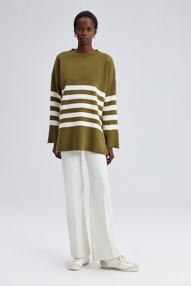 Touche Prive Tunica Casual Oversize Kaki Con Motivi A Righe E Tinta Unita Abbigliamento all'ingrosso Modesto