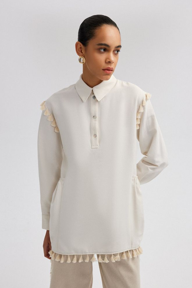 Touche Prive Beige Polo Neck Tunic With Buttoned Closure Wholesale Clothing Modest