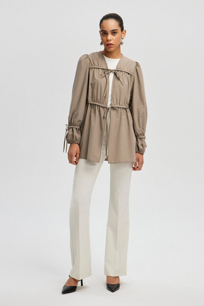 Touche Prive Khaki Kimono – Elegant Plain Long Sleeve V Neck Tie Wholesale Clothing Modest