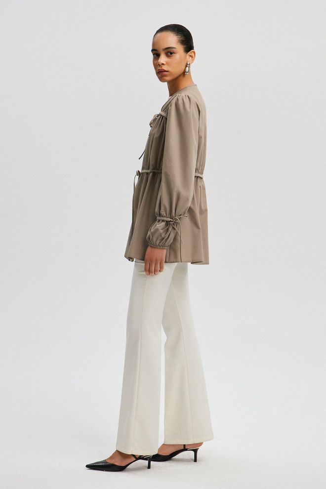 Touche Prive Khaki Kimono – Elegant Plain Long Sleeve V Neck Tie Wholesale Clothing 1