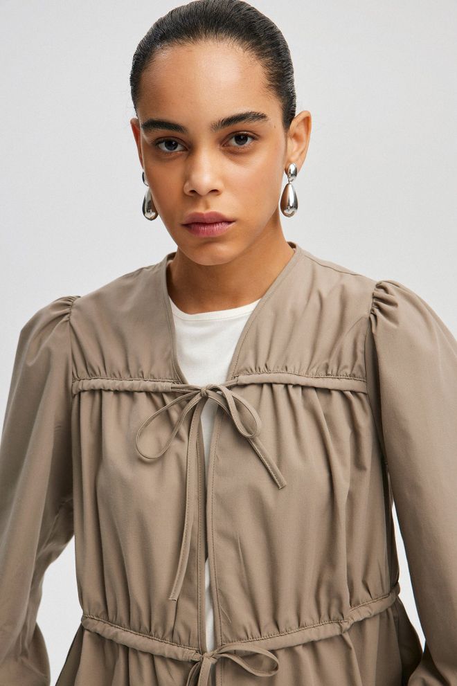 Touche Prive Khaki Kimono – Elegant Plain Long Sleeve V Neck Tie Wholesale Clothing Casual