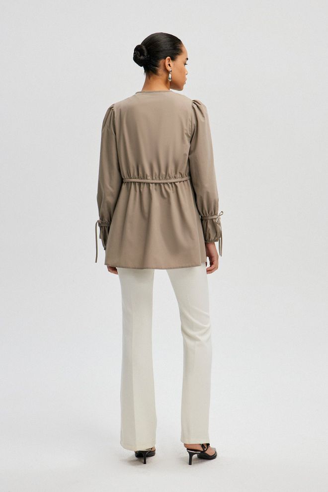 Touche Prive Khaki Kimono – Elegant Plain Long Sleeve V Neck Tie Wholesale Clothing Lounge