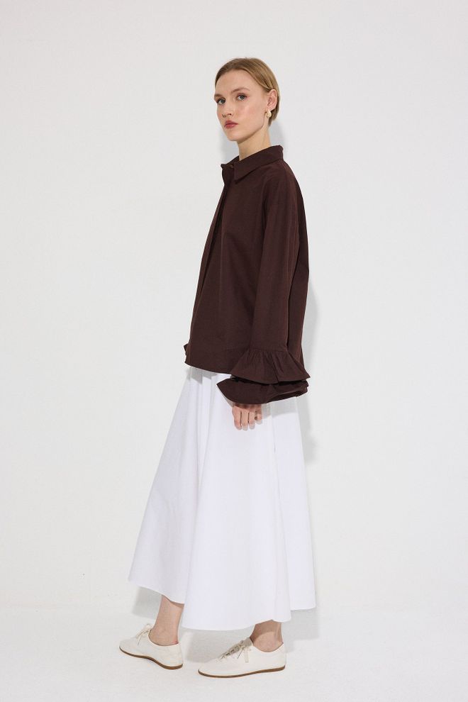 Touche Prive Brown Elegant Buttoned Shirt With Ruffle Sleeves Wholesale Clothing Spring