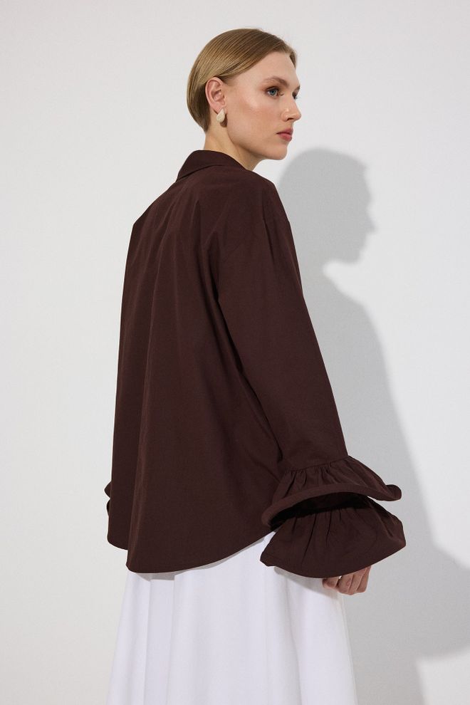 Touche Prive Brown Elegant Buttoned Shirt With Ruffle Sleeves Wholesale Clothing Casual