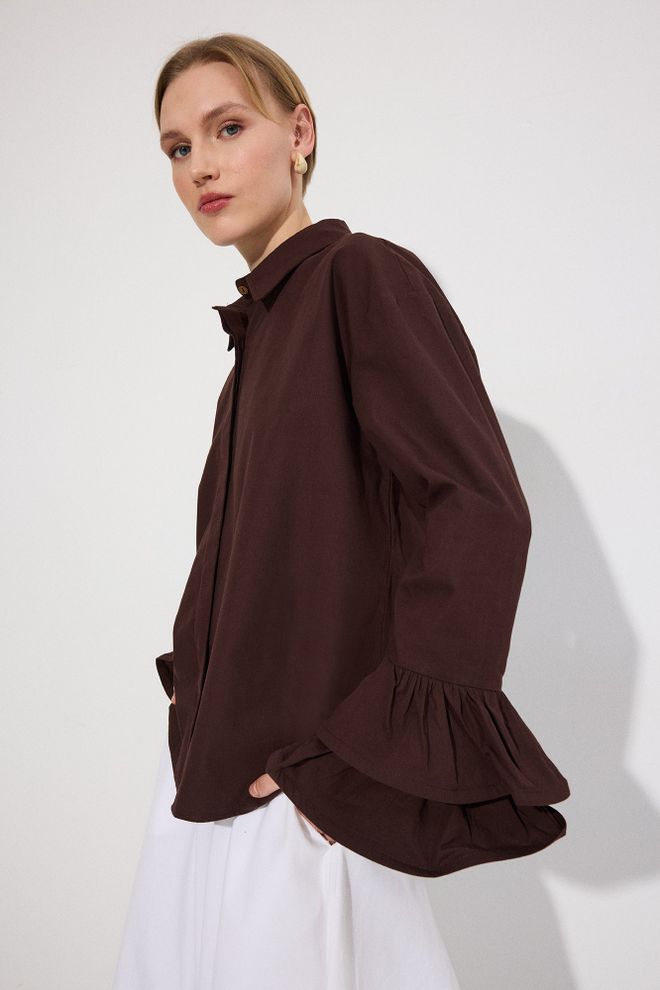 Touche Prive Brown Elegant Buttoned Shirt With Ruffle Sleeves Wholesale Clothing Work