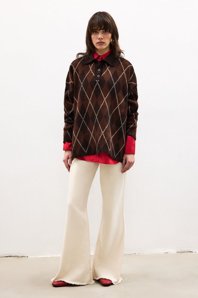 Touche Prive Jersey Marrón A Cuadros Retro Oversize Ropa al por mayor Casual