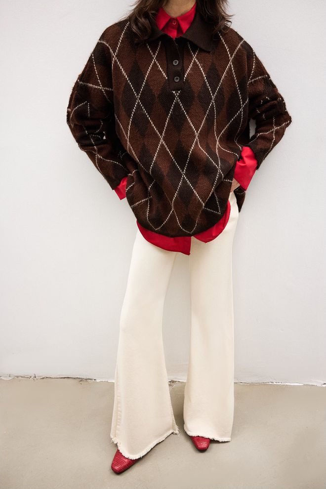 Touche Prive Brown Checkered Retro Oversized Sweater Wholesale Clothing Fall