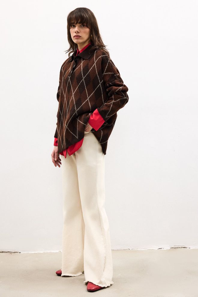 Touche Prive Brown Checkered Retro Oversized Sweater Wholesale Clothing Lounge
