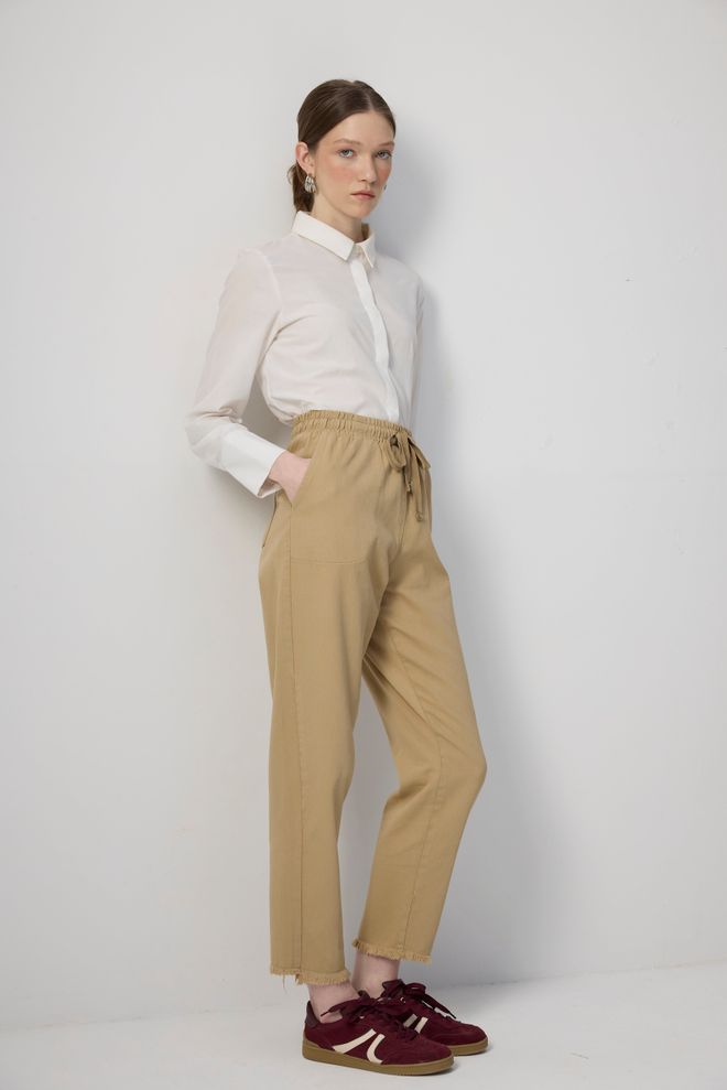 Touche Prive Beige Jogger Pants With High Waist And Cropped Length Wholesale Clothing Casual