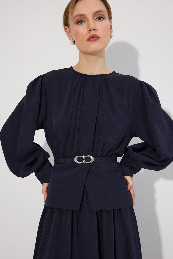 Touche Prive Navy Blue Elegant Flared Maxi Skirt Set Wholesale Clothing Modest