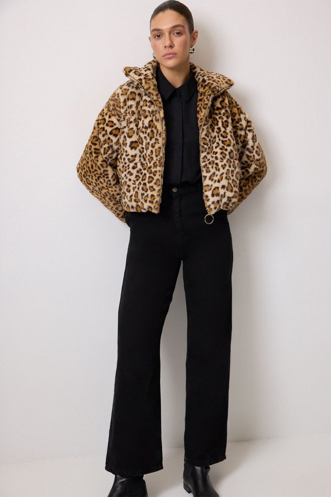 Touche Prive Brown Oversized Animal Print Fur Puffer Coat Wholesale Clothing Casual