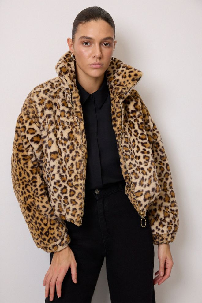 Touche Prive Brown Oversized Animal Print Fur Puffer Coat Wholesale Clothing Work