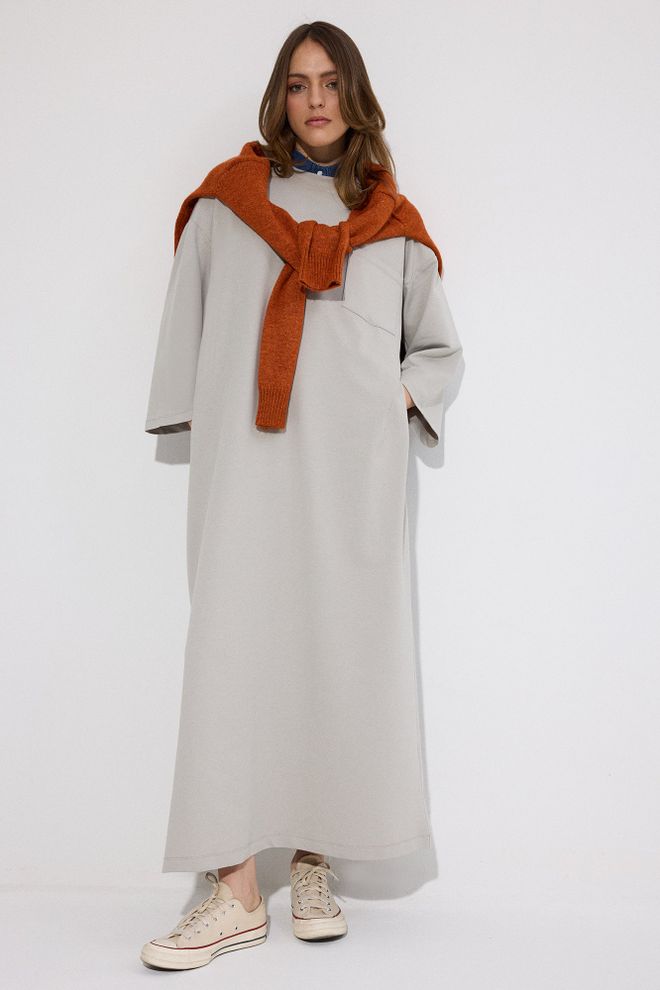 Touche Prive Beige Casual Modest Shift Dress With High Neck Wholesale Clothing Casual