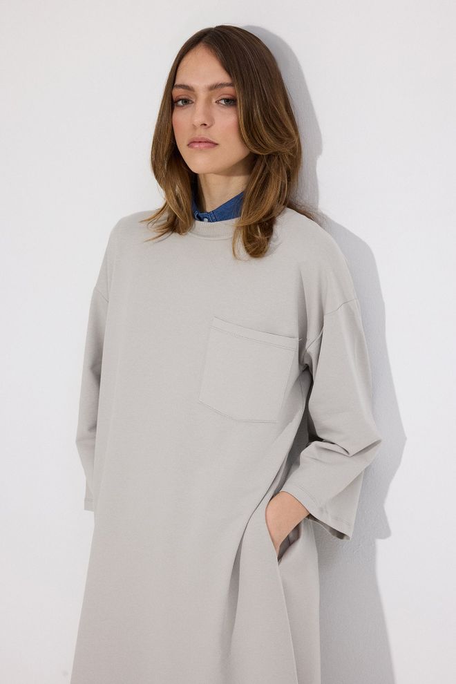 Touche Prive Beige Casual Modest Shift Dress With High Neck Wholesale Clothing 5