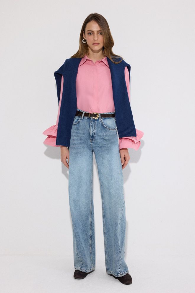 Touche Prive Pink Casual Elegant Preppy Shirt With Ruffle Sleeves Wholesale Clothing Preppy